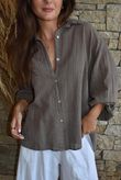 Sundaze Cheesecloth Chalk Stripe Boyfriend Shirt Mocha & Earth